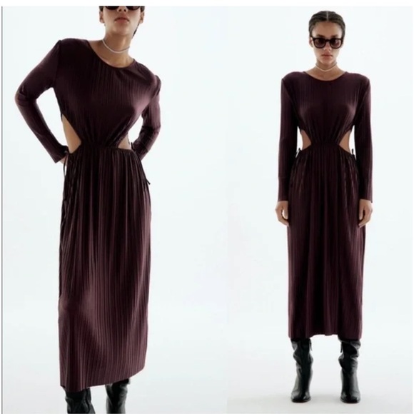 Zara Dresses & Skirts - Zara cut out pleated long sleeve dress. Size small. Plum color. EUC.